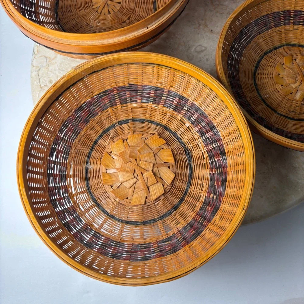 2 Vintage Hand Woven Nesting Baskets Brown Woven Boho Circular Stackable